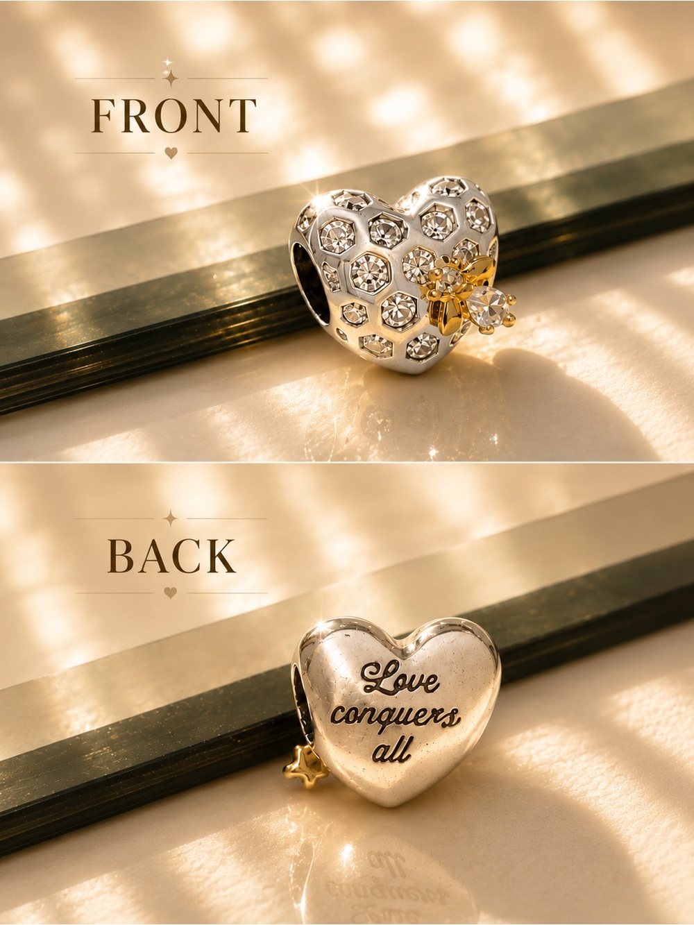 Silver & Gold Heart Charm Bead - Love Conquers All